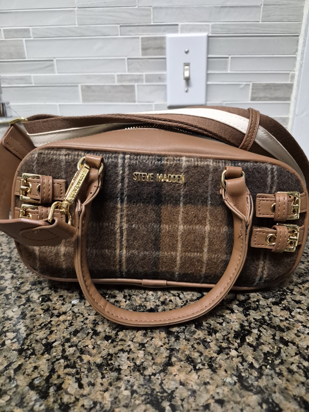 Steve Madden Brown Plaid Satchel-Crossbody Purse